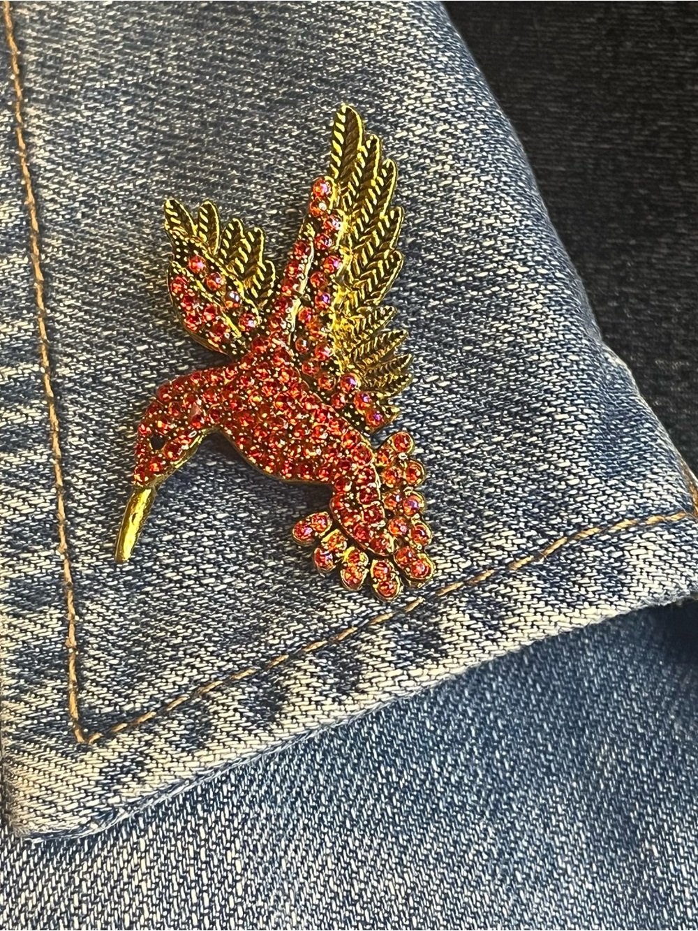Vibrant Red Rhinestone Hummingbird Brooch Pin-Sparkly Bird Jewelry - Picture 2 of 5